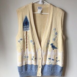 VINTAGE Grannycore sweater vest. Button up, embroidered garden scene.
